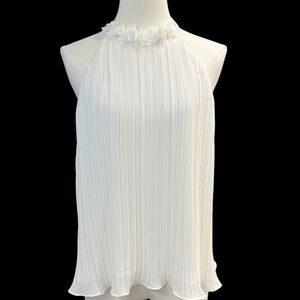 CeCe Blouse Womens Small White Pleated High Neck Halter Sleeveless Floral Trim